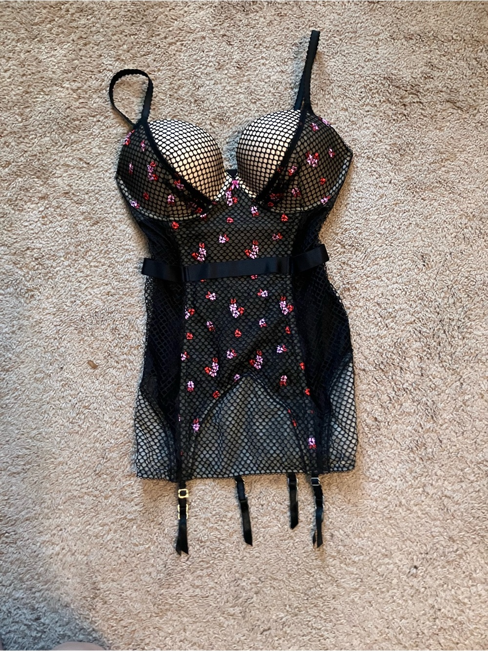 Victoria's Secret Black Mesh Mini Slip with Pink Floral Embroidery